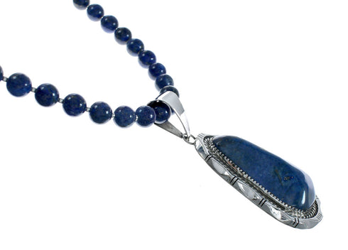 Native American Sterling Silver And Lapis Navajo Bead Pendant Necklace Set X10692